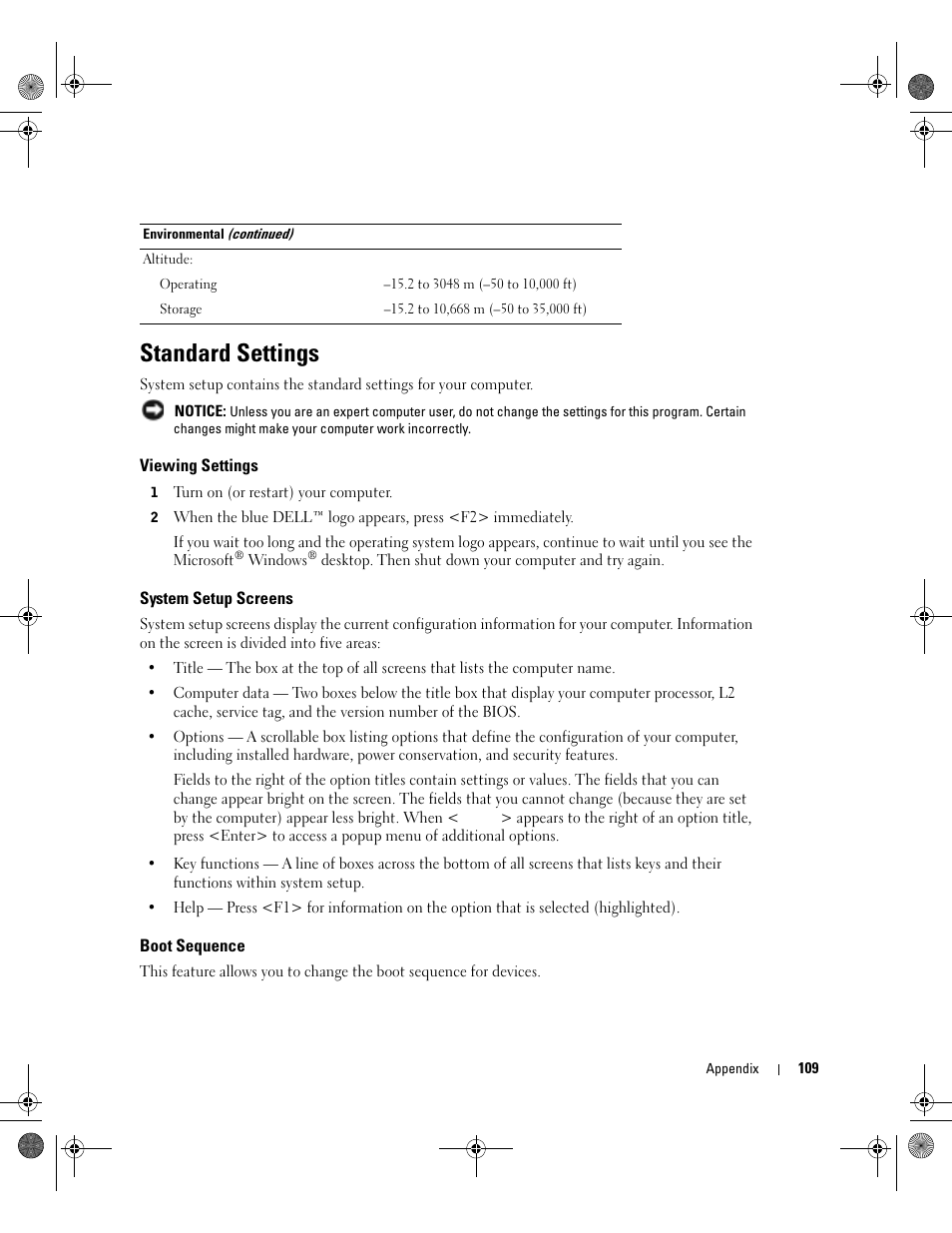 Standard settings, Viewing settings, System setup screens | Boot sequence | Dell XPS/Dimension XPS Gen 2 User Manual | Page 109 / 142