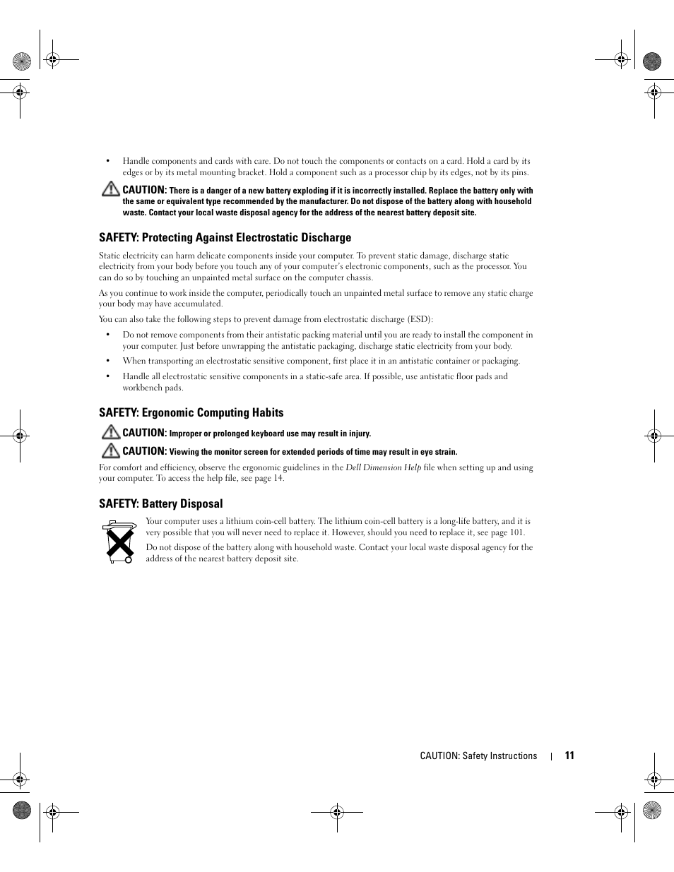 Safety: protecting against electrostatic discharge, Safety: ergonomic computing habits, Safety: battery disposal | Dell XPS/Dimension XPS Gen 2 User Manual | Page 11 / 142