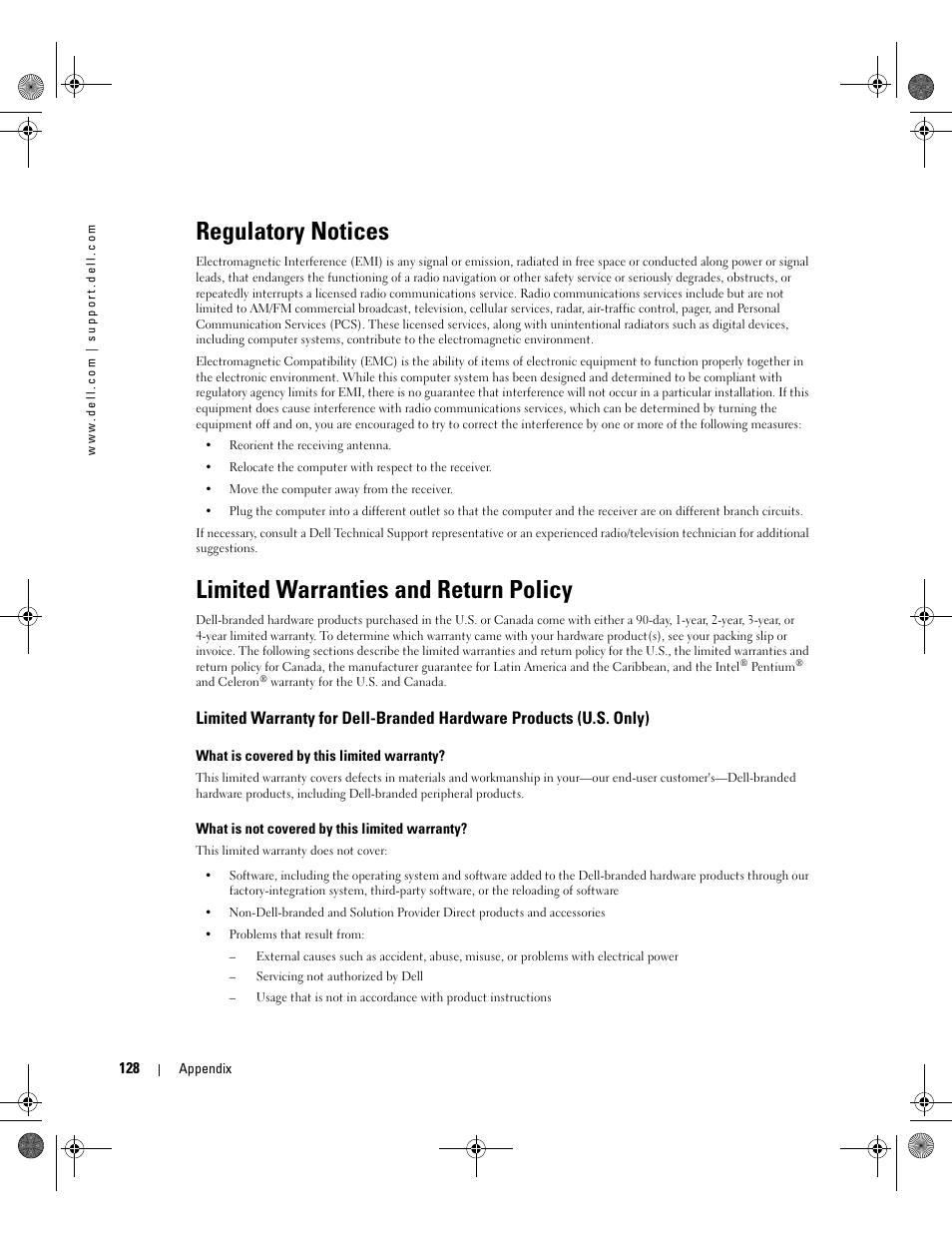 Regulatory notices, Limited warranties and return policy | Dell XPS/Dimension XPS Gen 2 User Manual | Page 128 / 142