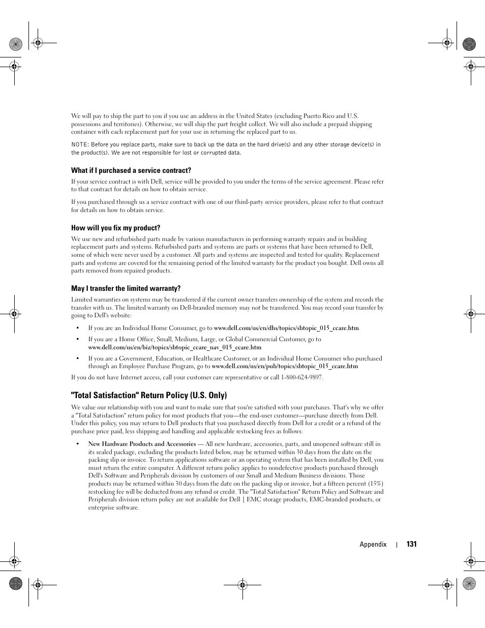 Total satisfaction" return policy (u.s. only) | Dell XPS/Dimension XPS Gen 2 User Manual | Page 131 / 142