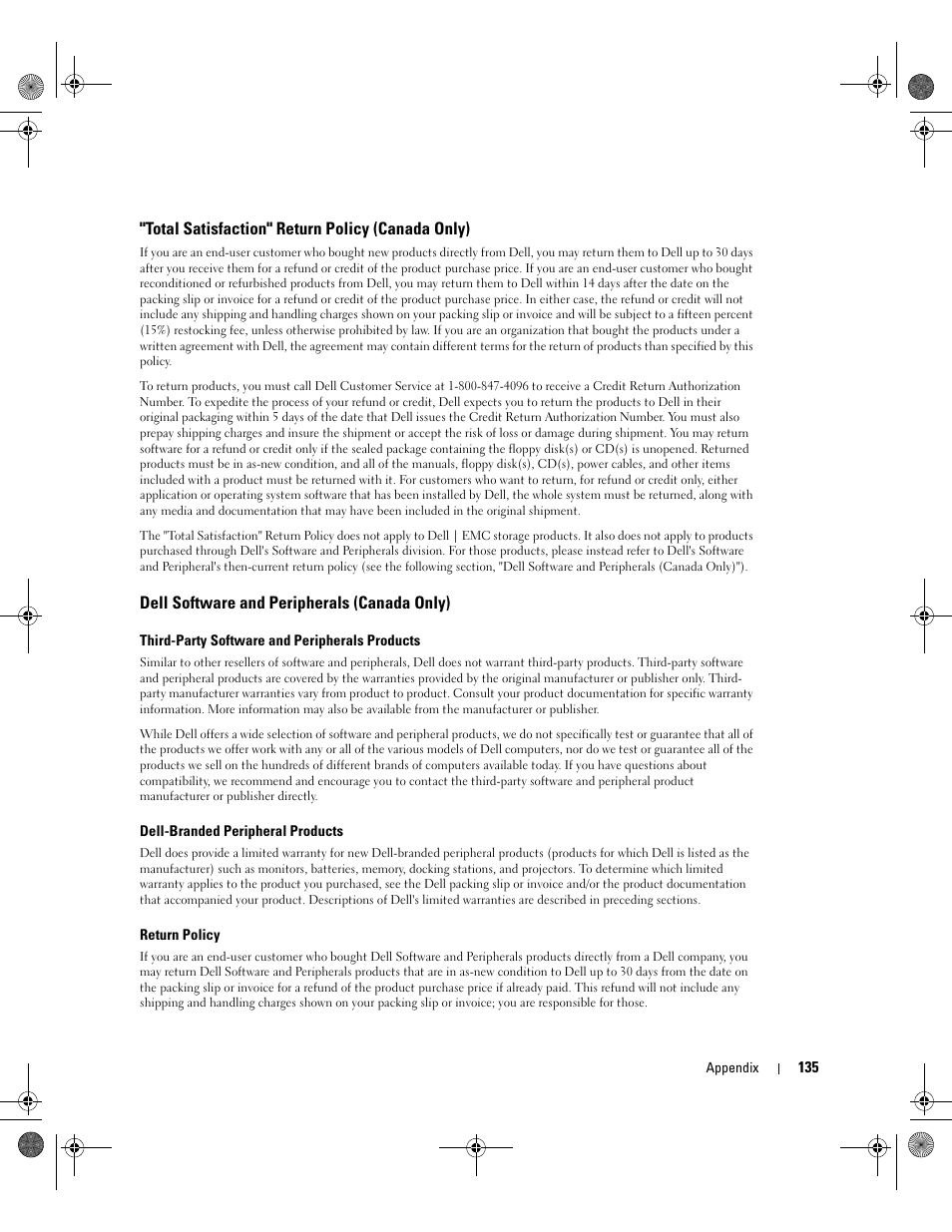 Total satisfaction" return policy (canada only), Dell software and peripherals (canada only) | Dell XPS/Dimension XPS Gen 2 User Manual | Page 135 / 142
