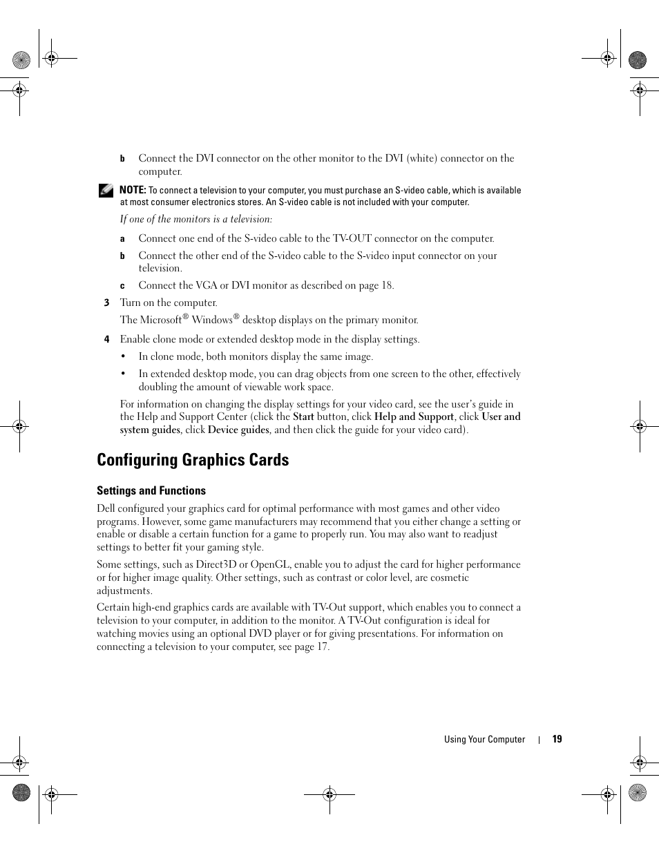 Configuring graphics cards, Settings and functions | Dell XPS/Dimension XPS Gen 2 User Manual | Page 19 / 142