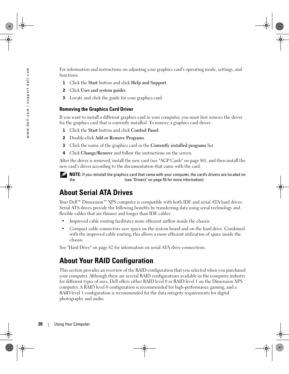 Removing the graphics card driver, About serial ata drives, About your raid configuration | Dell XPS/Dimension XPS Gen 2 User Manual | Page 20 / 142