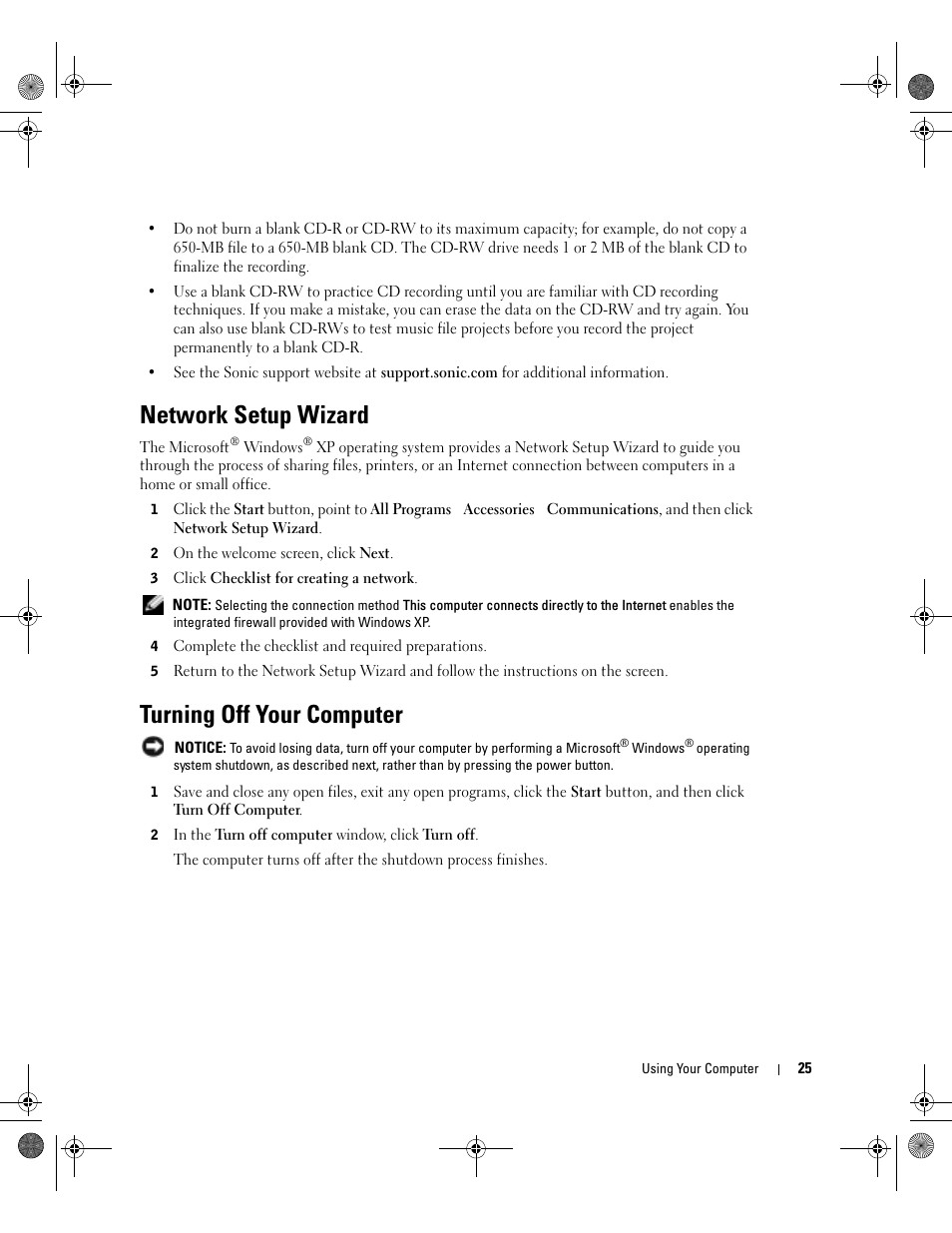 Network setup wizard, Turning off your computer | Dell XPS/Dimension XPS Gen 2 User Manual | Page 25 / 142