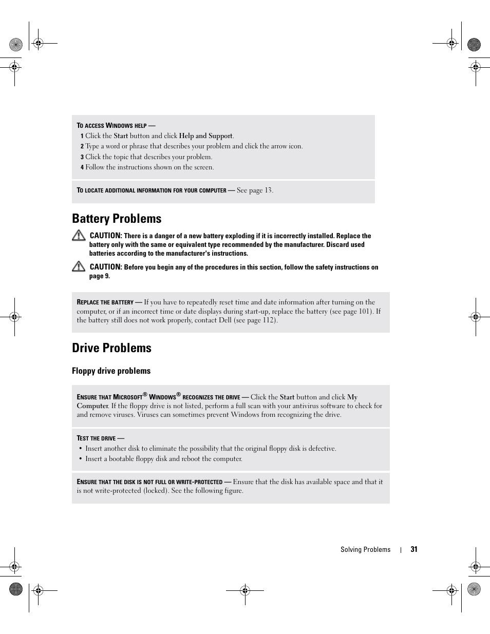Battery problems, Drive problems, Floppy drive problems | Dell XPS/Dimension XPS Gen 2 User Manual | Page 31 / 142