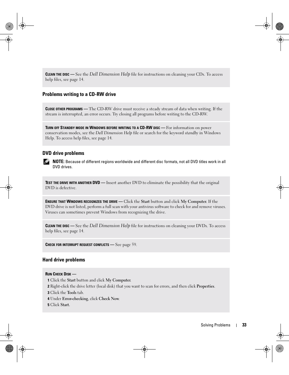 Problems writing to a cd-rw drive, Dvd drive problems, Hard drive problems | Dell XPS/Dimension XPS Gen 2 User Manual | Page 33 / 142