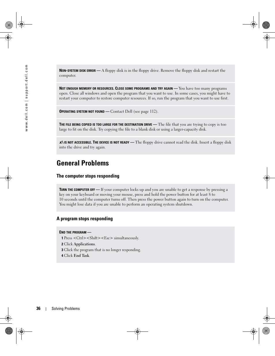 General problems, The computer stops responding, A program stops responding | Dell XPS/Dimension XPS Gen 2 User Manual | Page 36 / 142