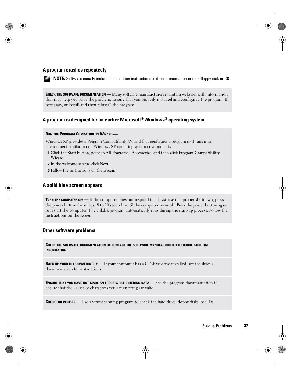 A program crashes repeatedly, A solid blue screen appears, Other software problems | A program is designed for an earlier microsoft, Windows | Dell XPS/Dimension XPS Gen 2 User Manual | Page 37 / 142