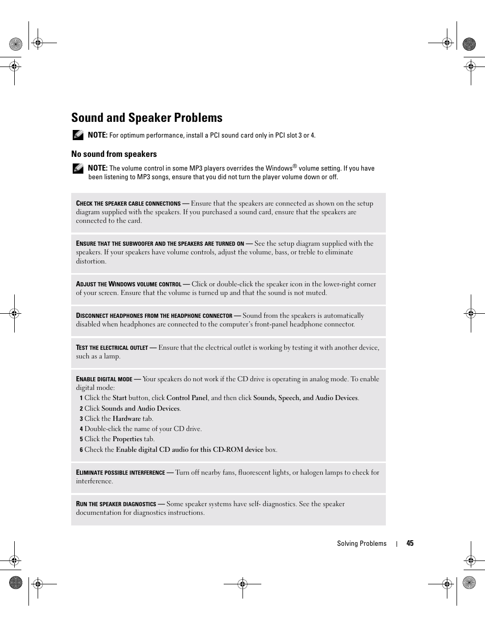 Sound and speaker problems, No sound from speakers | Dell XPS/Dimension XPS Gen 2 User Manual | Page 45 / 142