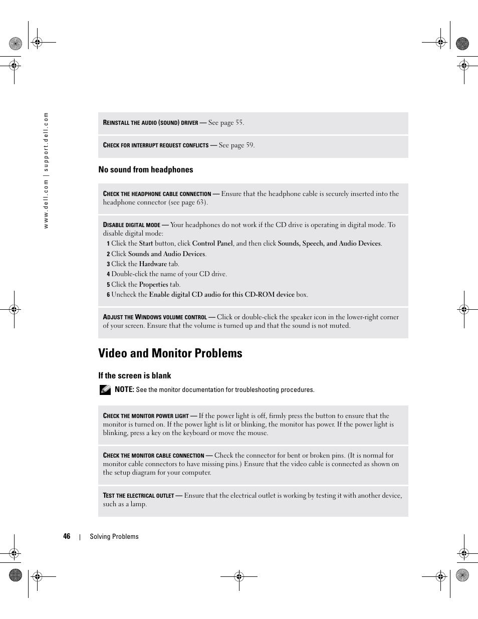 No sound from headphones, Video and monitor problems, If the screen is blank | Dell XPS/Dimension XPS Gen 2 User Manual | Page 46 / 142