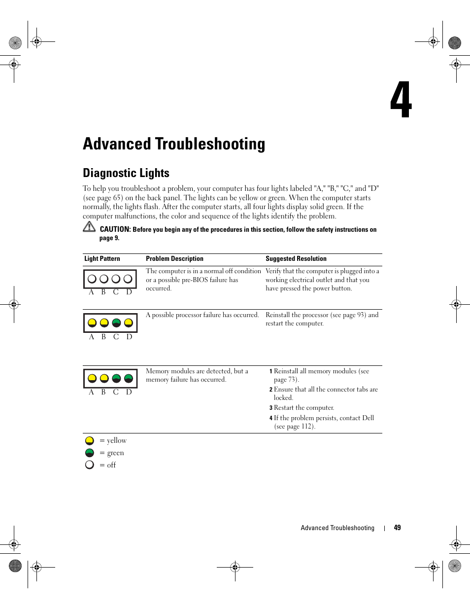 Advanced troubleshooting, Diagnostic lights | Dell XPS/Dimension XPS Gen 2 User Manual | Page 49 / 142