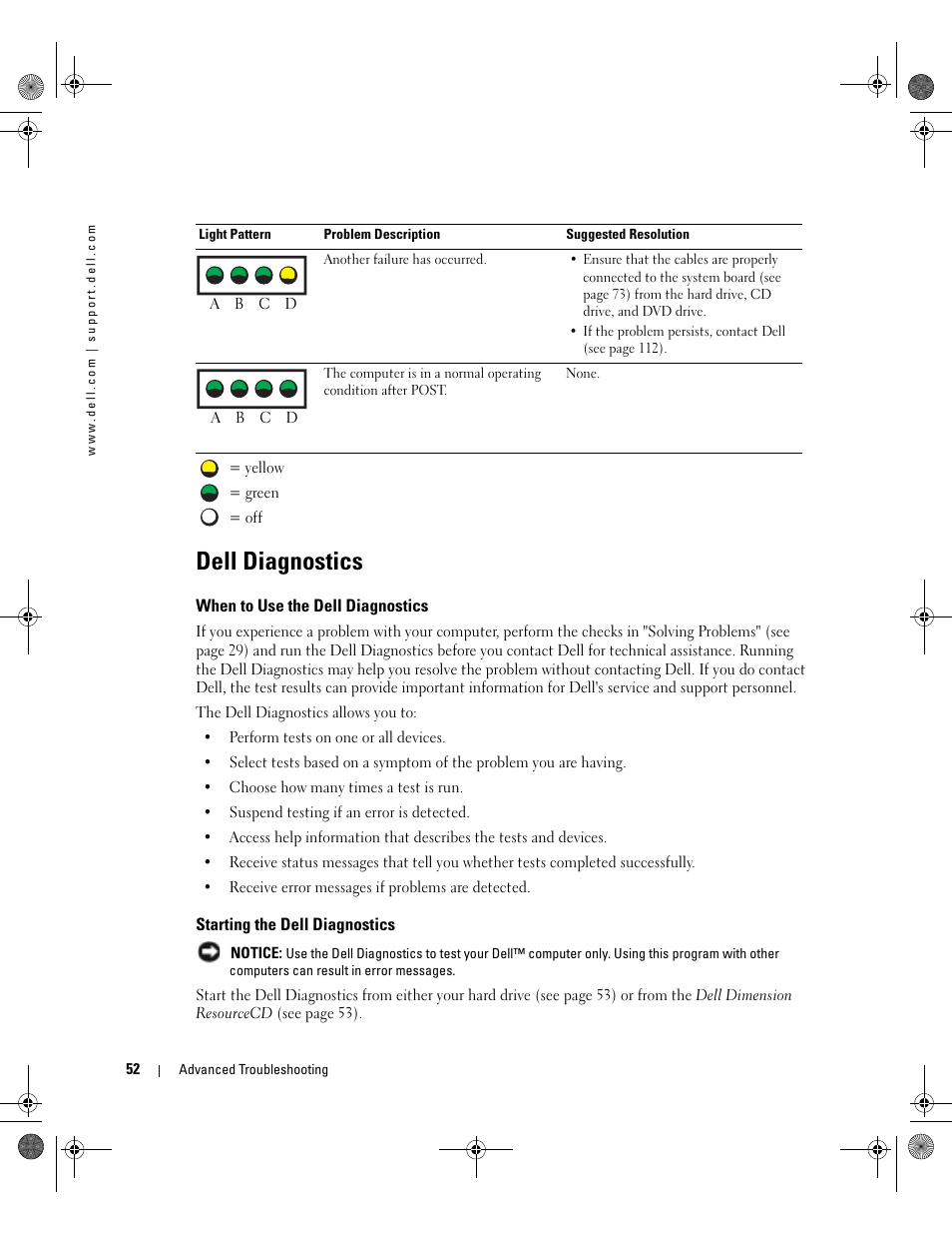 Dell diagnostics, When to use the dell diagnostics, Starting the dell diagnostics | Dell XPS/Dimension XPS Gen 2 User Manual | Page 52 / 142