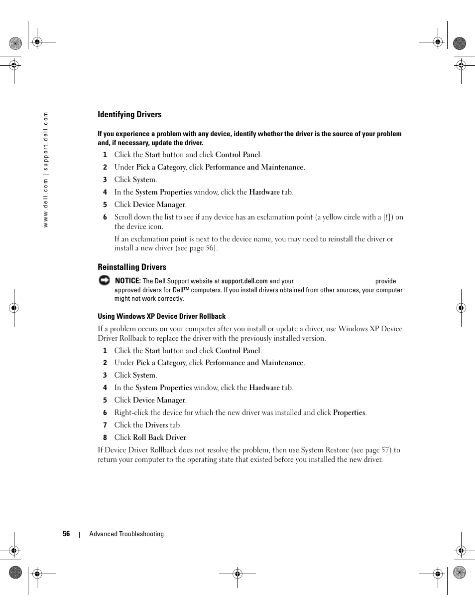 Identifying drivers, Reinstalling drivers | Dell XPS/Dimension XPS Gen 2 User Manual | Page 56 / 142