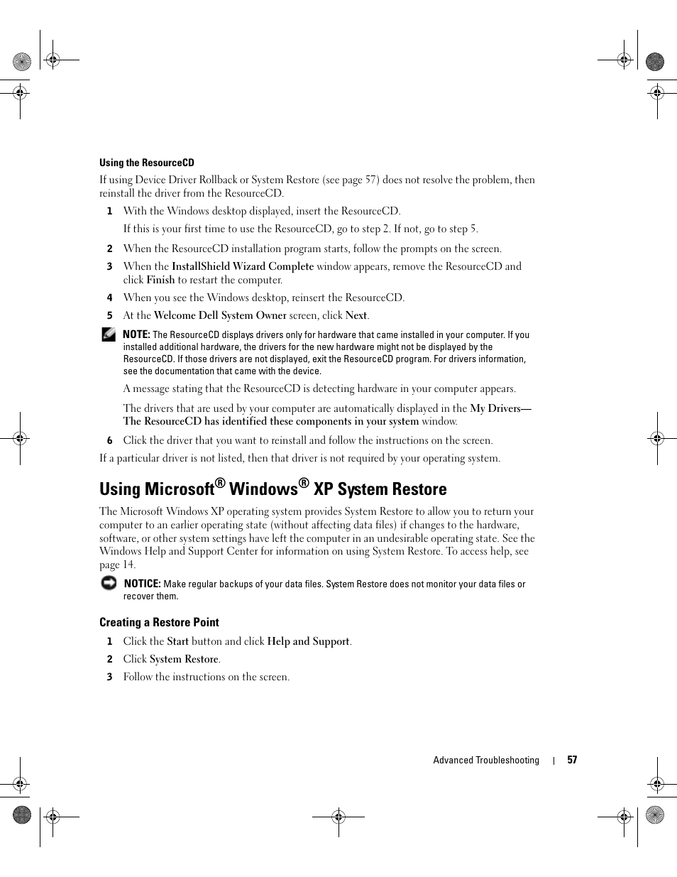 Using microsoft® windows® xp system restore, Creating a restore point, Using microsoft | Windows, Xp system restore | Dell XPS/Dimension XPS Gen 2 User Manual | Page 57 / 142