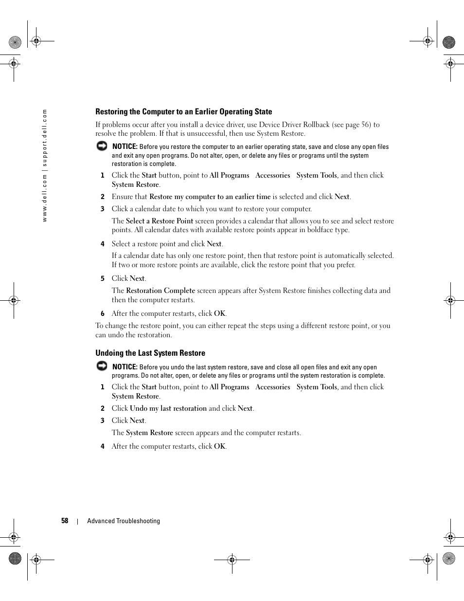 Undoing the last system restore | Dell XPS/Dimension XPS Gen 2 User Manual | Page 58 / 142