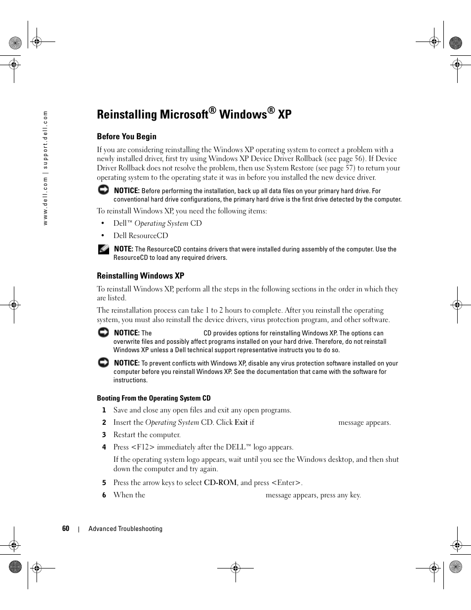 Reinstalling microsoft® windows® xp, Before you begin, Reinstalling windows xp | Reinstalling microsoft, Windows | Dell XPS/Dimension XPS Gen 2 User Manual | Page 60 / 142