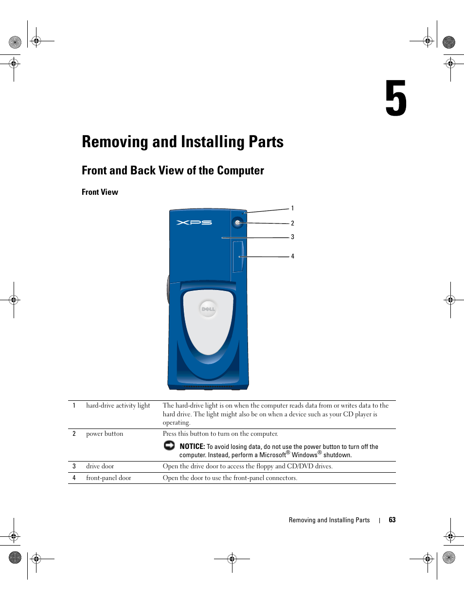 Removing and installing parts, Front and back view of the computer, Front view | Dell XPS/Dimension XPS Gen 2 User Manual | Page 63 / 142