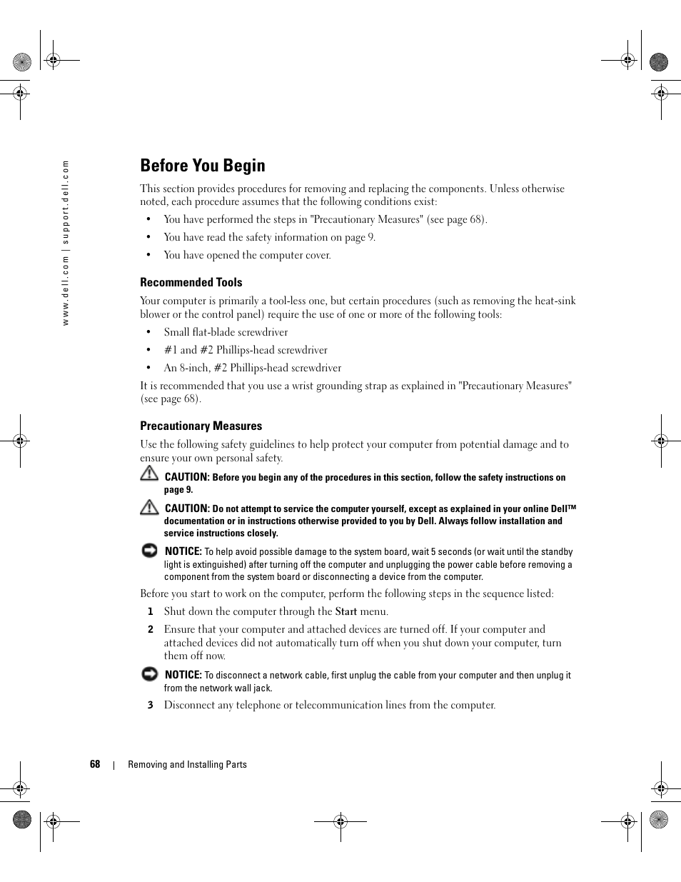 Before you begin, Recommended tools, Precautionary measures | Dell XPS/Dimension XPS Gen 2 User Manual | Page 68 / 142