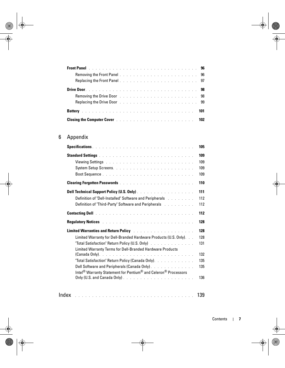 6appendix, Index | Dell XPS/Dimension XPS Gen 2 User Manual | Page 7 / 142
