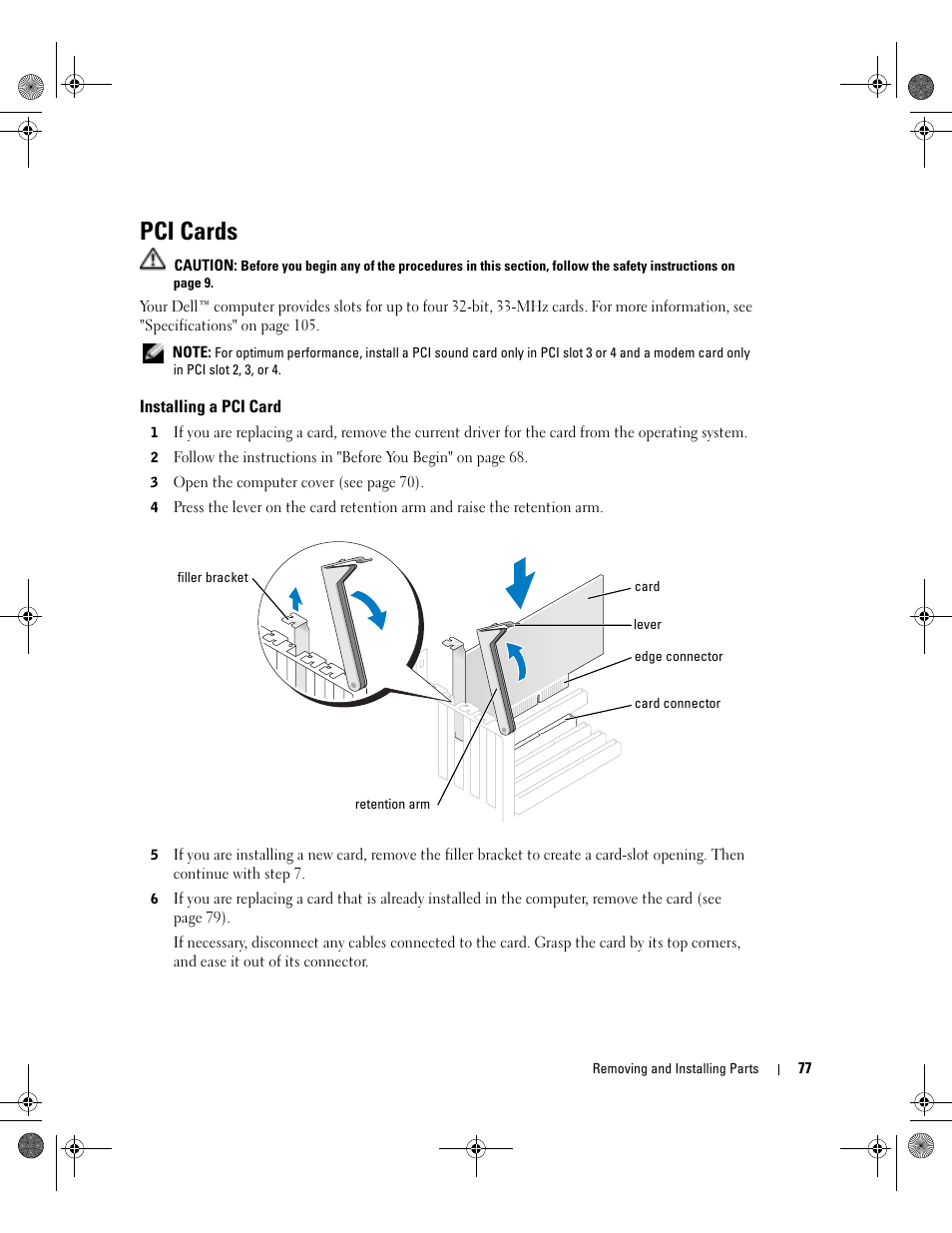 Pci cards, Installing a pci card | Dell XPS/Dimension XPS Gen 2 User Manual | Page 77 / 142