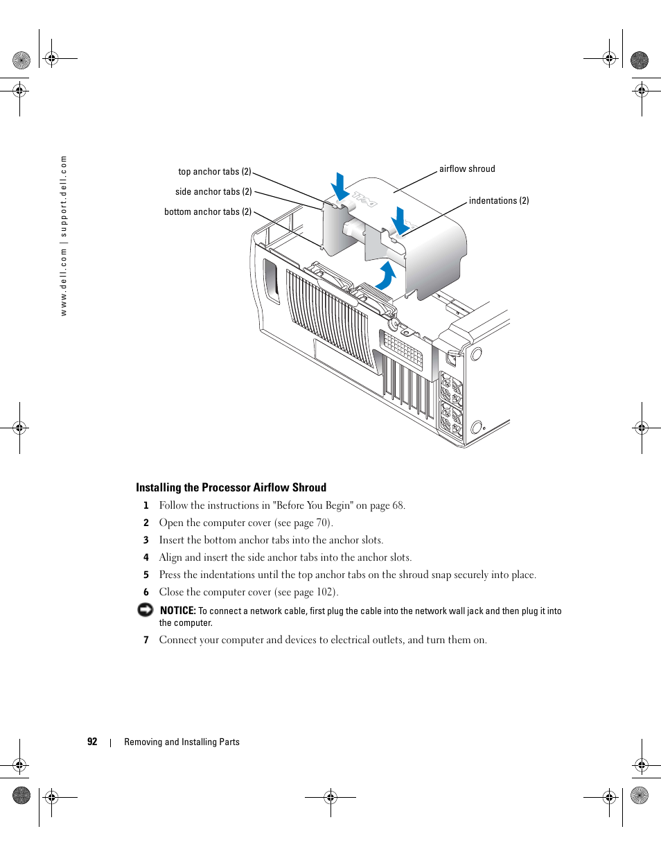 Installing the processor airflow shroud | Dell XPS/Dimension XPS Gen 2 User Manual | Page 92 / 142