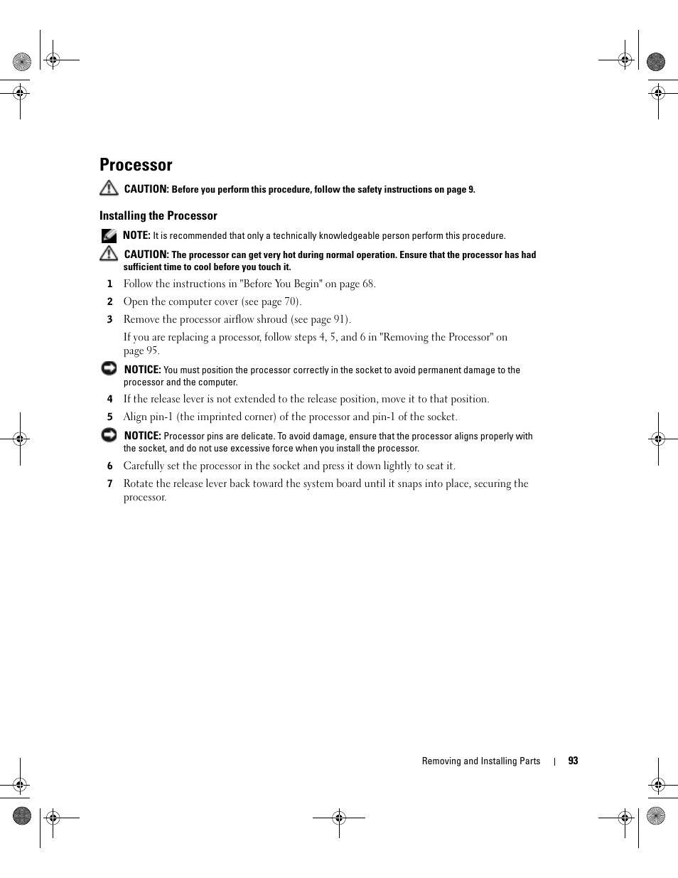 Processor, Installing the processor | Dell XPS/Dimension XPS Gen 2 User Manual | Page 93 / 142