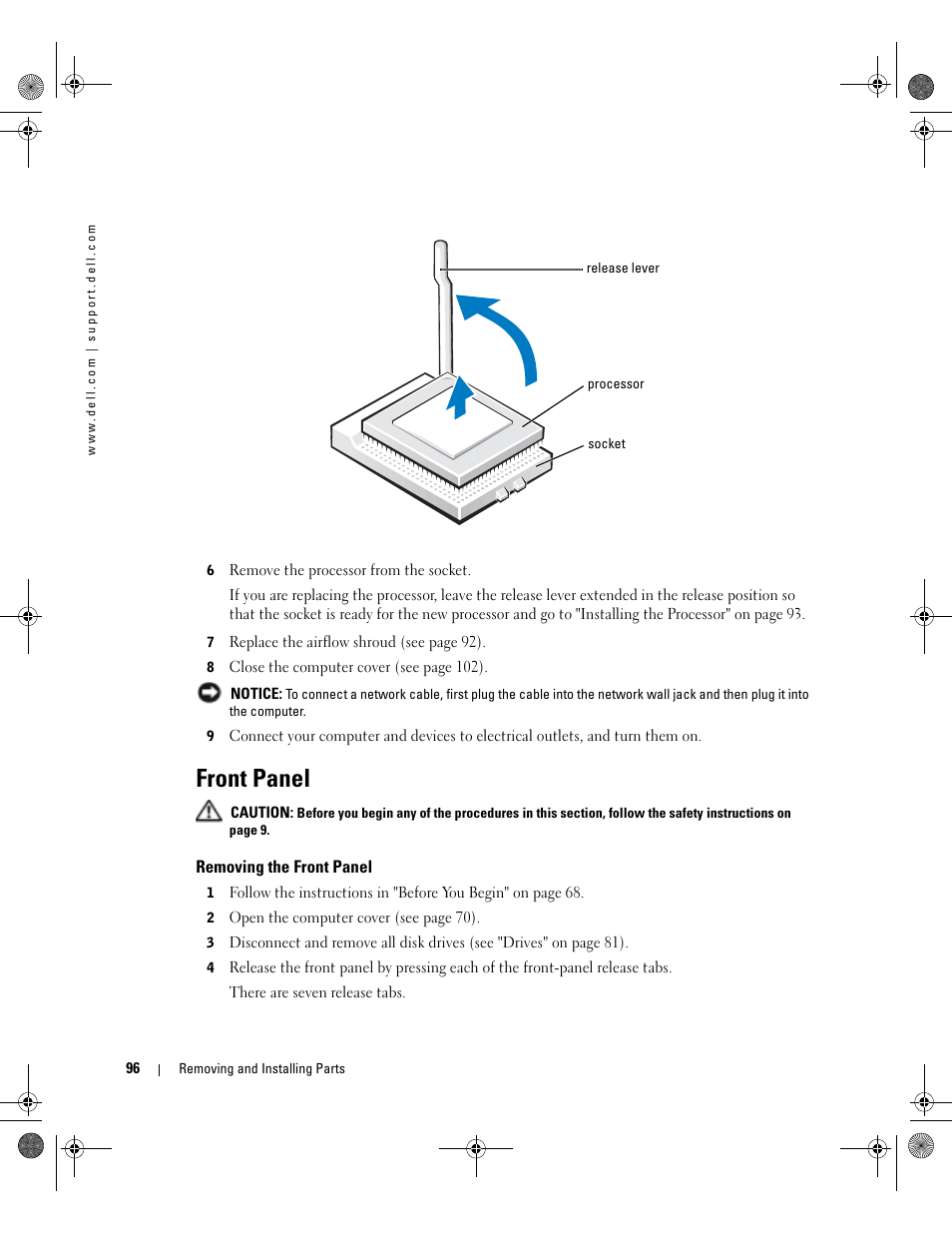 Front panel, Removing the front panel | Dell XPS/Dimension XPS Gen 2 User Manual | Page 96 / 142