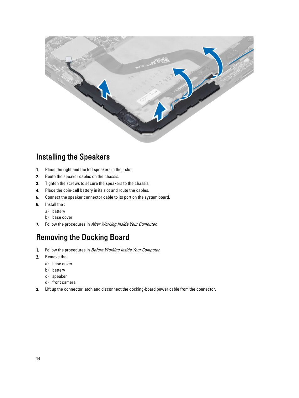 Installing the speakers, Removing the docking board | Dell Latitude 10e ST2E (Early 2013) User Manual | Page 14 / 37