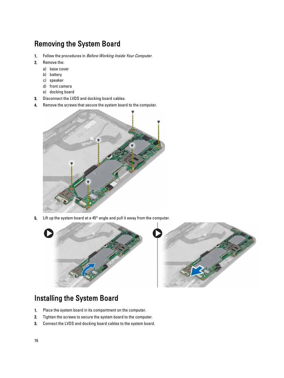 Removing the system board, Installing the system board | Dell Latitude 10e ST2E (Early 2013) User Manual | Page 16 / 37