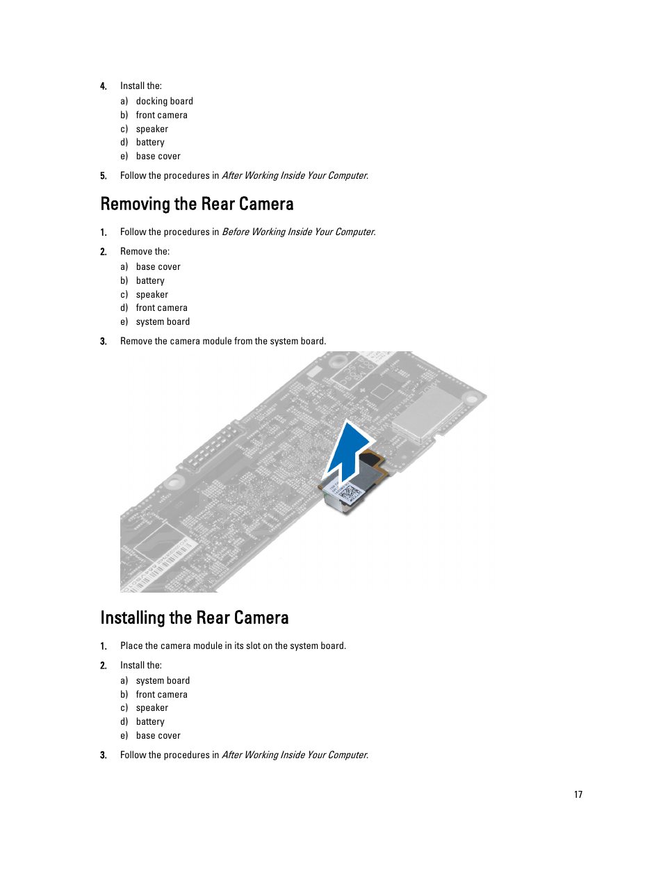 Removing the rear camera, Installing the rear camera | Dell Latitude 10e ST2E (Early 2013) User Manual | Page 17 / 37