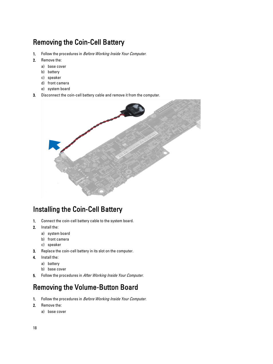 Removing the coin-cell battery, Installing the coin-cell battery, Removing the volume-button board | Dell Latitude 10e ST2E (Early 2013) User Manual | Page 18 / 37