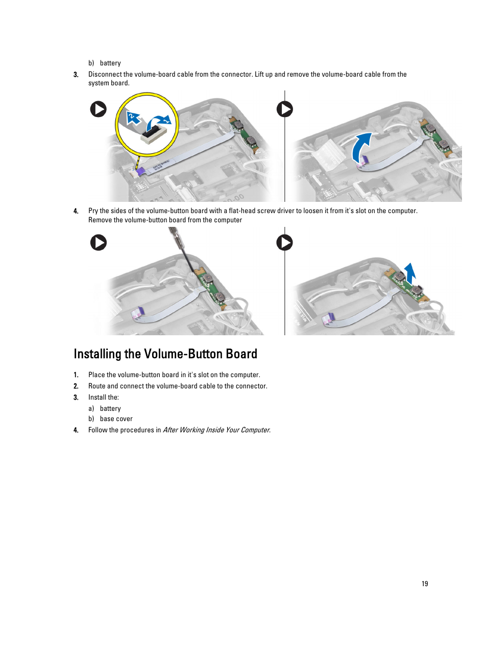 Installing the volume-button board | Dell Latitude 10e ST2E (Early 2013) User Manual | Page 19 / 37