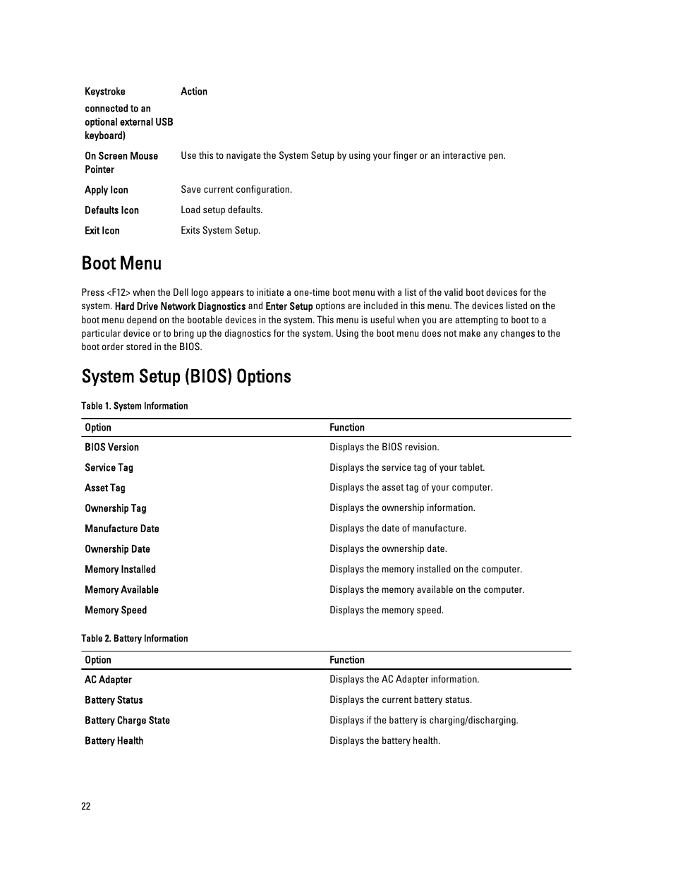 Boot menu, System setup (bios) options | Dell Latitude 10e ST2E (Early 2013) User Manual | Page 22 / 37