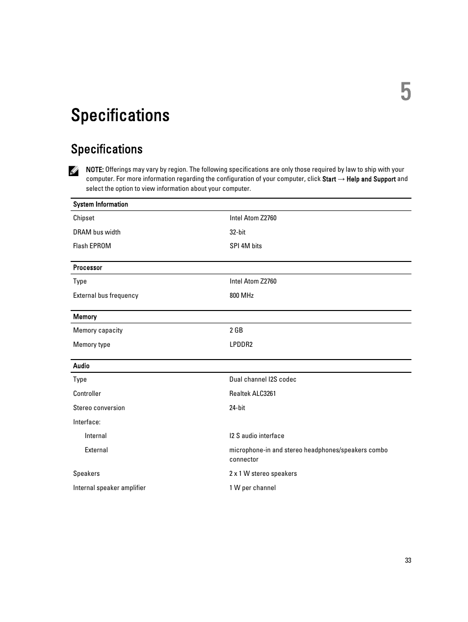 Specifications, 5 specifications | Dell Latitude 10e ST2E (Early 2013) User Manual | Page 33 / 37