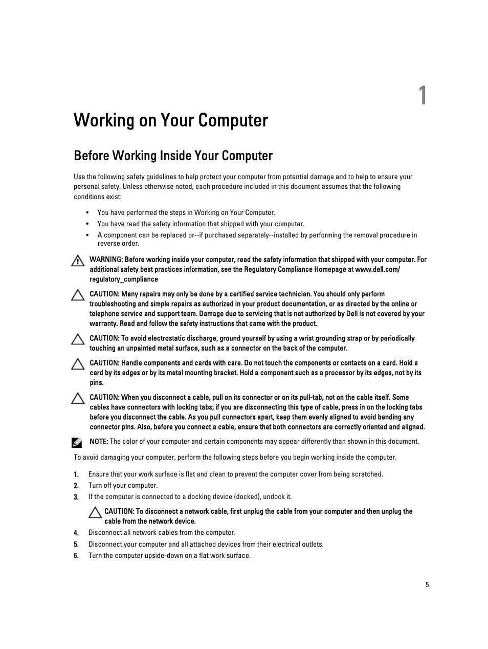 Working on your computer, Before working inside your computer, 1 working on your computer | Dell Latitude 10e ST2E (Early 2013) User Manual | Page 5 / 37