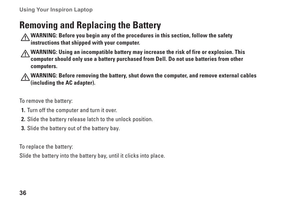 Removing and replacing the battery, Removing and replacing the, Battery | Dell Inspiron 14 (M4010, Mid 2010) User Manual | Page 38 / 92