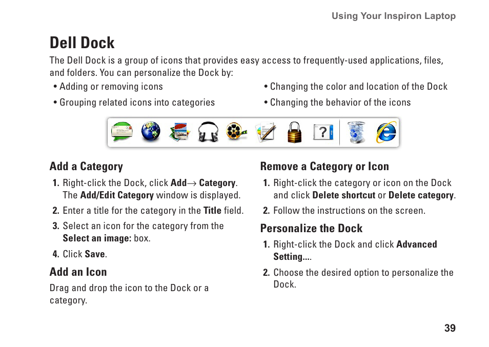 Dell dock | Dell Inspiron 14 (M4010, Mid 2010) User Manual | Page 41 / 92