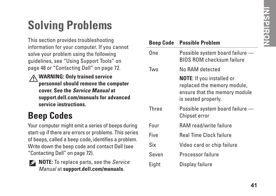 Solving problems, Beep codes, Inspiron | Dell Inspiron 14 (M4010, Mid 2010) User Manual | Page 43 / 92