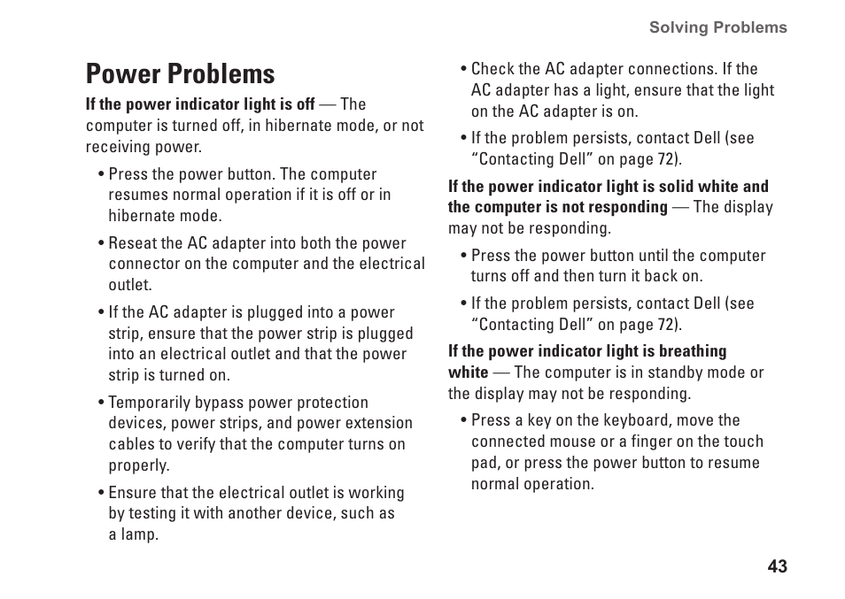 Power problems | Dell Inspiron 14 (M4010, Mid 2010) User Manual | Page 45 / 92