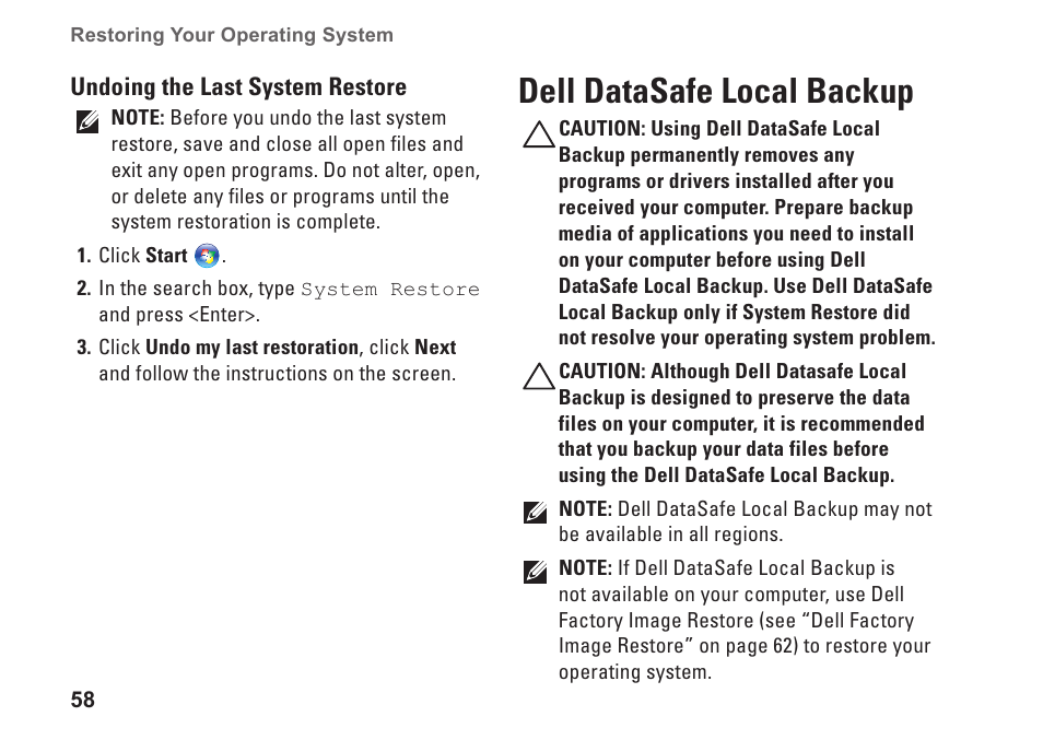 Dell datasafe local backup | Dell Inspiron 14 (M4010, Mid 2010) User Manual | Page 60 / 92