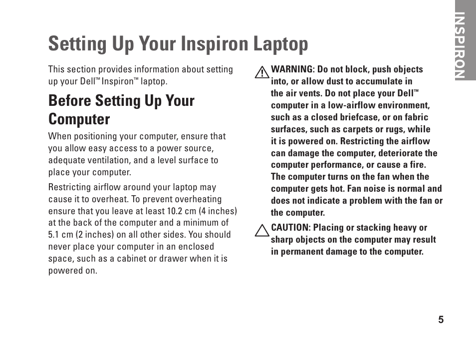 Setting up your inspiron laptop, Before setting up your computer, Inspiron | Dell Inspiron 14 (M4010, Mid 2010) User Manual | Page 7 / 92