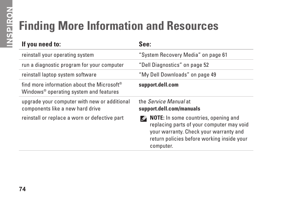 Finding more information and resources, Finding more information and, Resources | Inspiron | Dell Inspiron 14 (M4010, Mid 2010) User Manual | Page 76 / 92