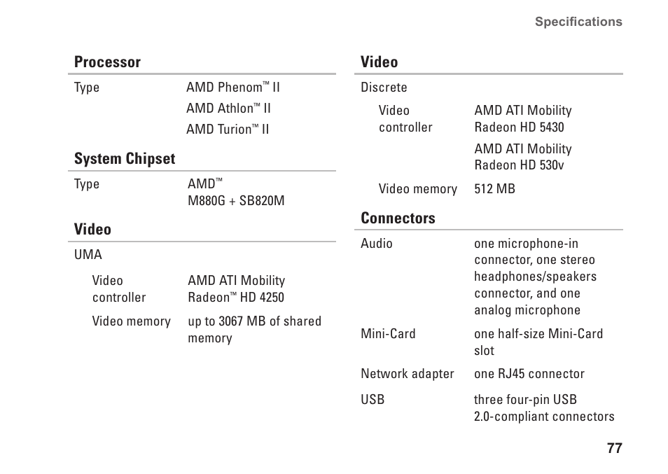 Processor, System chipset, Video | Connectors | Dell Inspiron 14 (M4010, Mid 2010) User Manual | Page 79 / 92