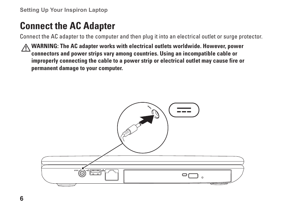 Connect the ac adapter | Dell Inspiron 14 (M4010, Mid 2010) User Manual | Page 8 / 92