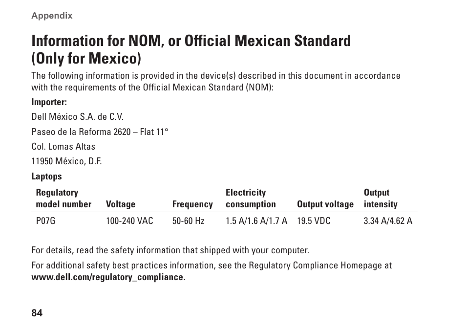 Information for nom, or official, Mexican standard (only for mexico) | Dell Inspiron 14 (M4010, Mid 2010) User Manual | Page 86 / 92