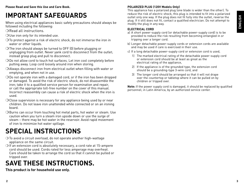 Important safeguards, Special instructions, Save these instructions | Black & Decker LIGHT N' EASY IR1925W User Manual | Page 2 / 9