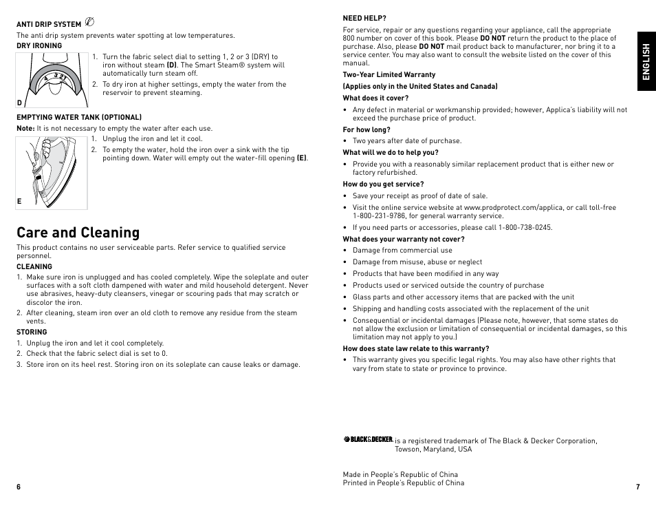 Care and cleaning | Black & Decker LIGHT N' EASY IR1925W User Manual | Page 4 / 9