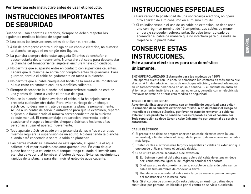 Instrucciones importantes de seguridad, Instrucciones especiales, Conserve estas instrucciones | Black & Decker LIGHT N' EASY IR1925W User Manual | Page 5 / 9