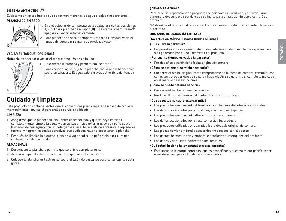 Cuidado y limpieza | Black & Decker LIGHT N' EASY IR1925W User Manual | Page 7 / 9