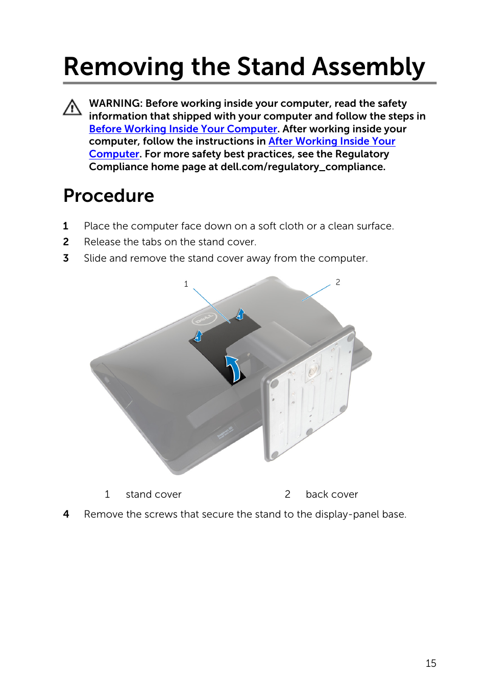 Removing the stand assembly, Procedure | Dell Inspiron 20 (3045, Early 2014) User Manual | Page 15 / 80